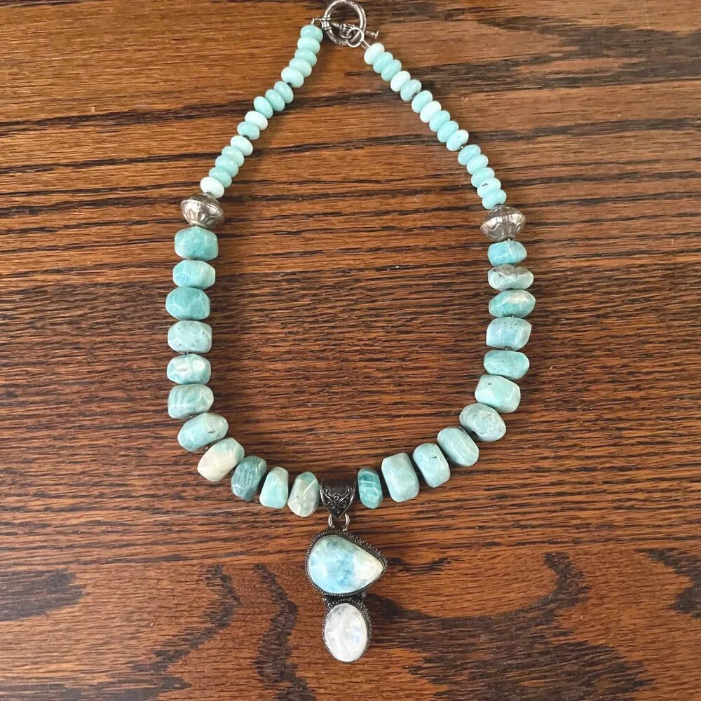 Handcrafted Amazonite, Larimar and Moonstone Beaded Necklace Bronze Tone Accents - Picture 11 of 11